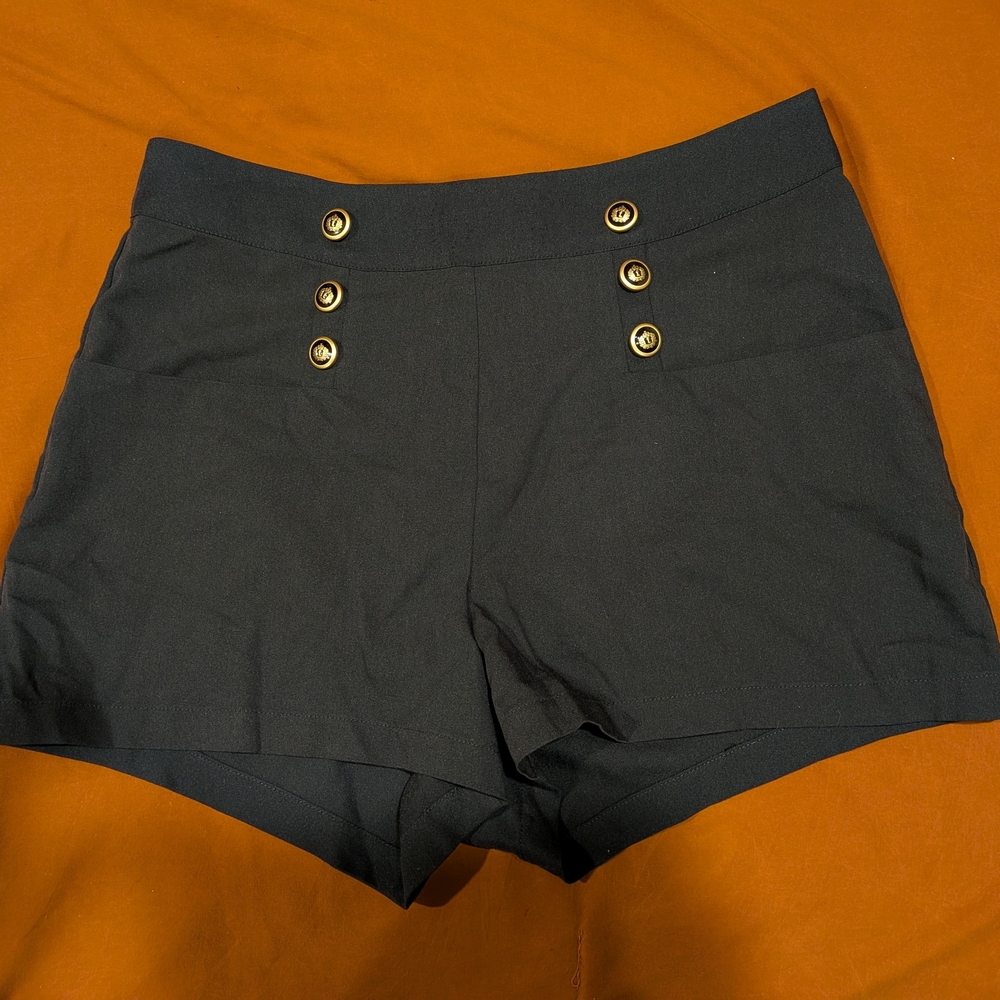 Unique Vintage Navy Blue High Waist Shorts with Gold Buttons